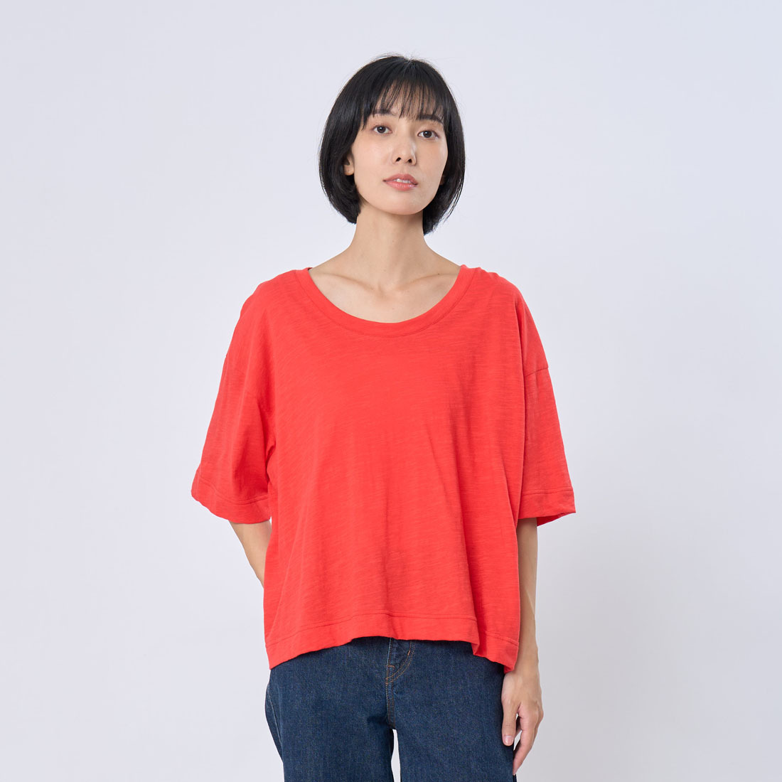 竹節棉落肩寬版上衣T恤/紅