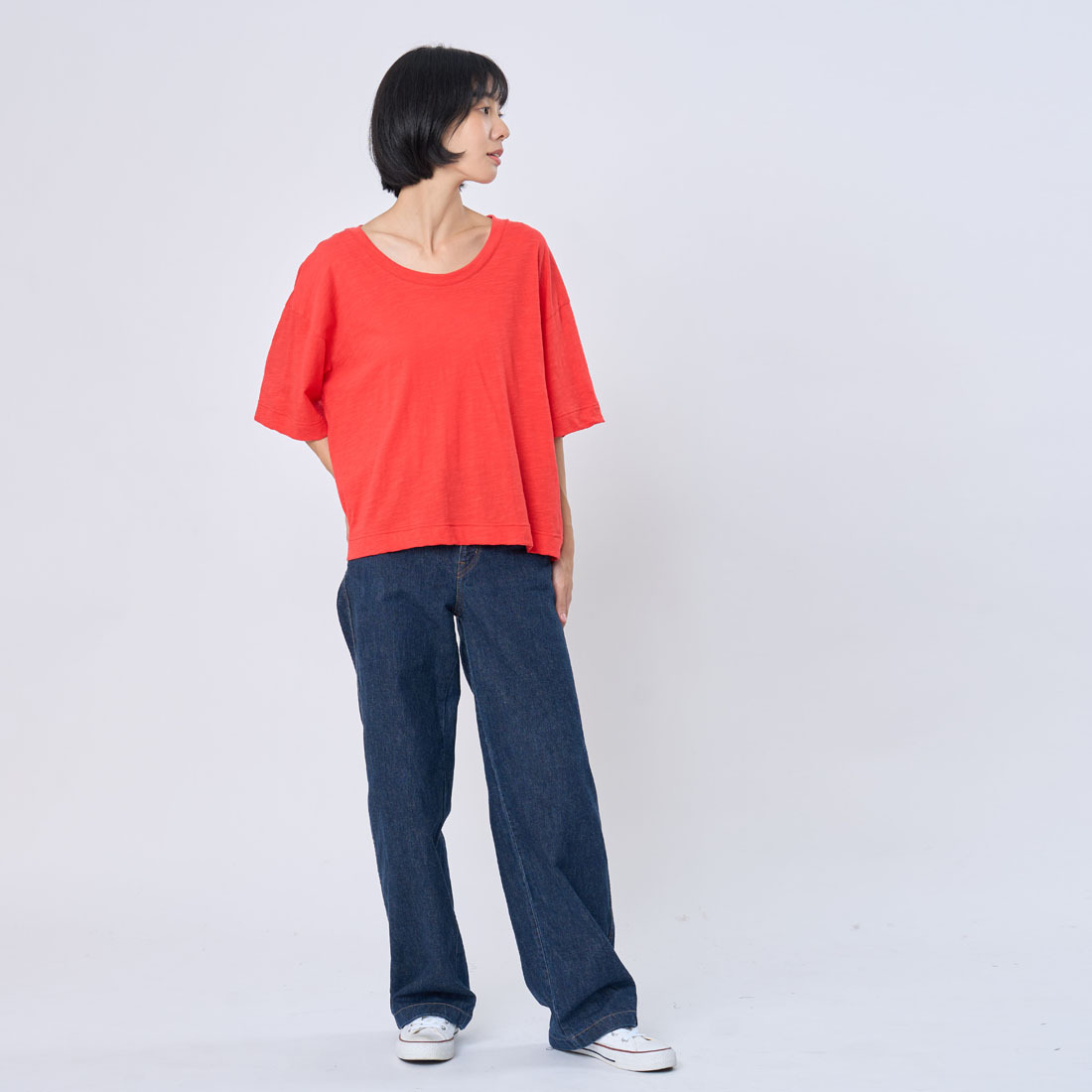 竹節棉落肩寬版上衣T恤/紅