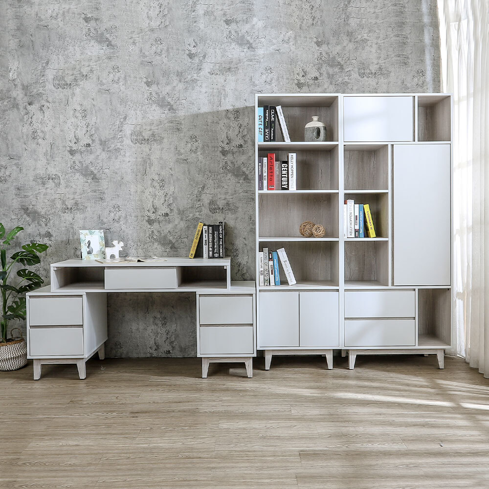 克萊妮書房組合-三件組(2.6尺二門二抽書櫃+2尺二門書櫃+4尺多功能伸縮型書桌)