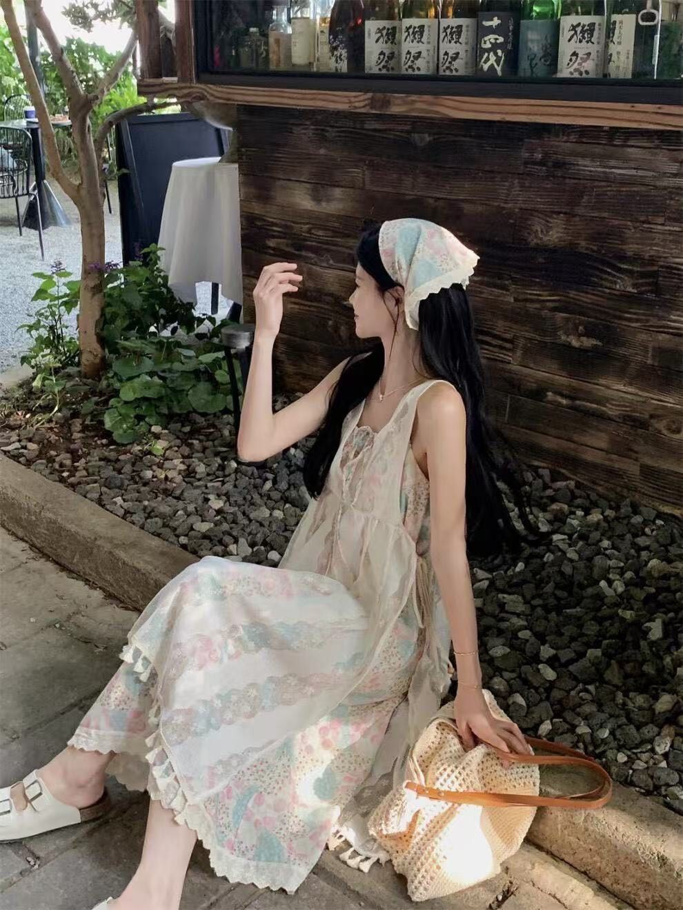 兩件套碎花拼接渡假風連衣裙-0240