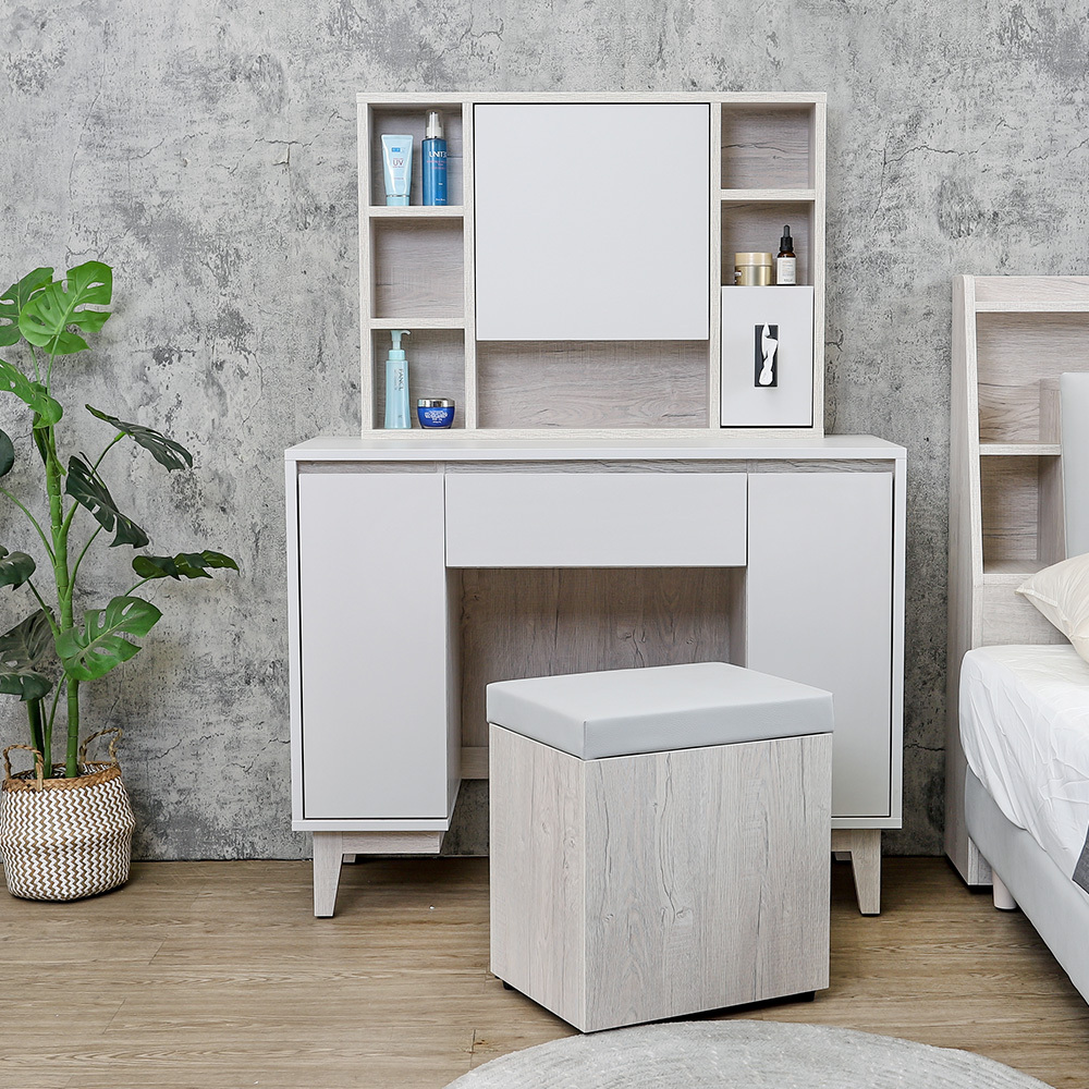 克萊妮3.3尺化妝桌/開門式鏡台/梳妝台(附耐磨皮革收納化妝椅)