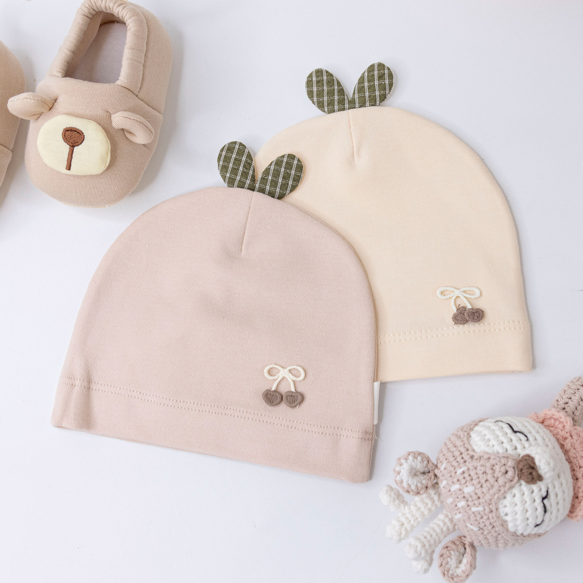 【JA1540】綠葉櫻桃親膚寶寶帽＊二色