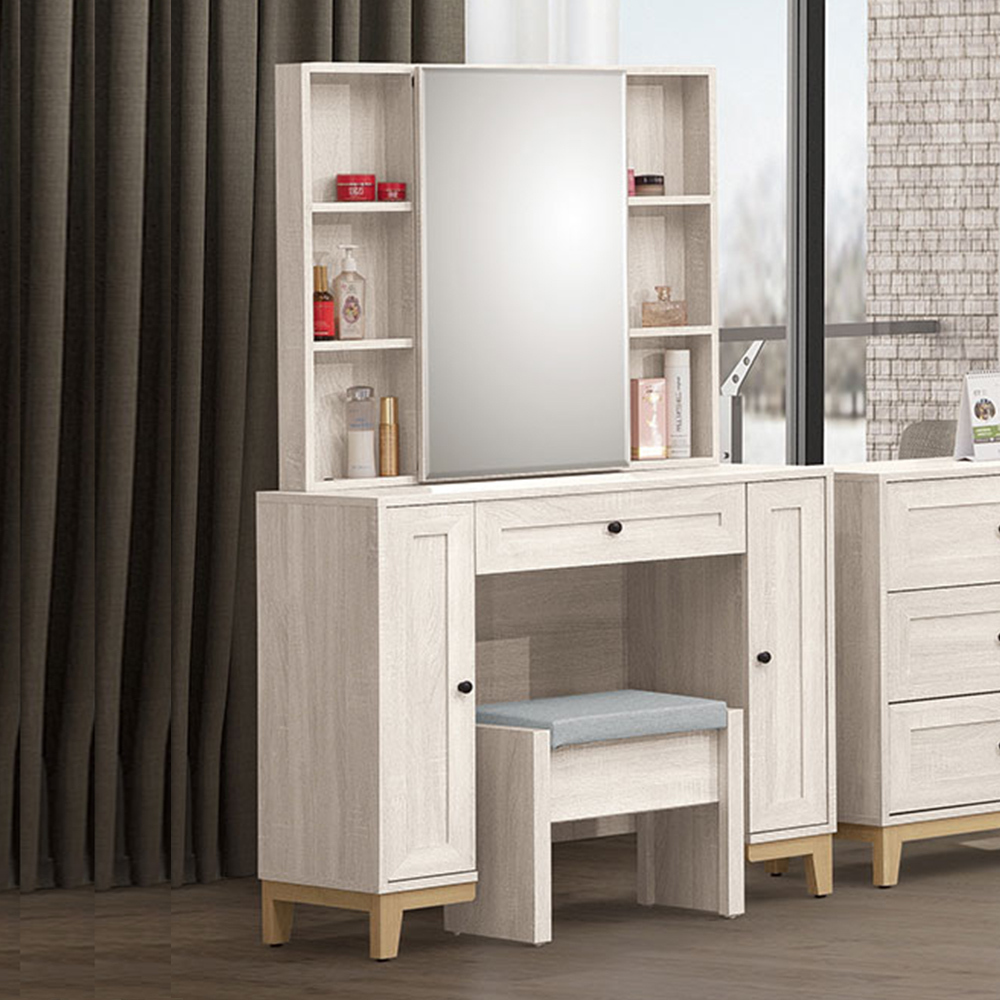 妮塔3.3尺化妝桌/推門式鏡台/梳妝台(附耐磨皮革收納化妝椅)