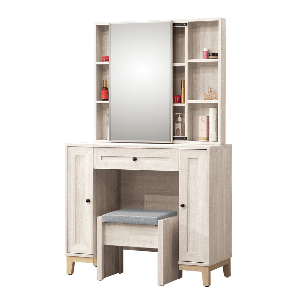 妮塔3.3尺化妝桌/推門式鏡台/梳妝台(附耐磨皮革收納化妝椅)