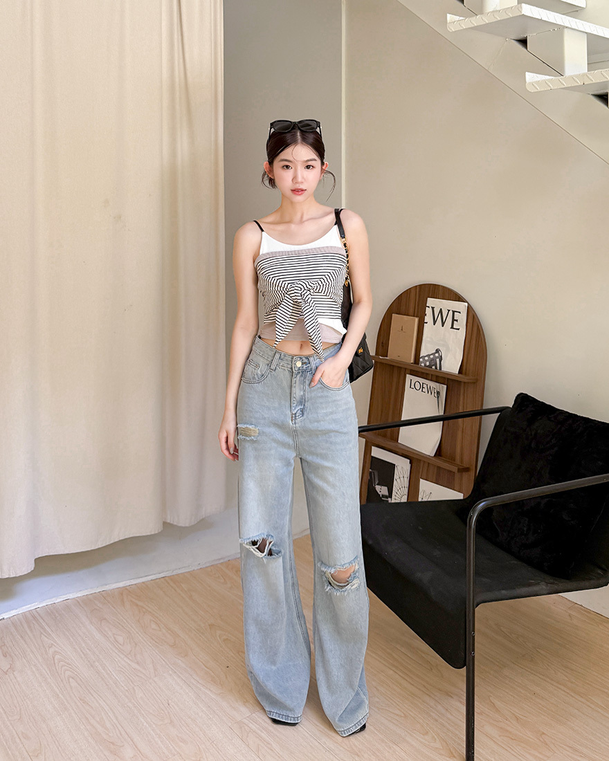 LINA LINA率性美型刷色割破微寬鬆藏肉喇叭褲-淺藍S-L