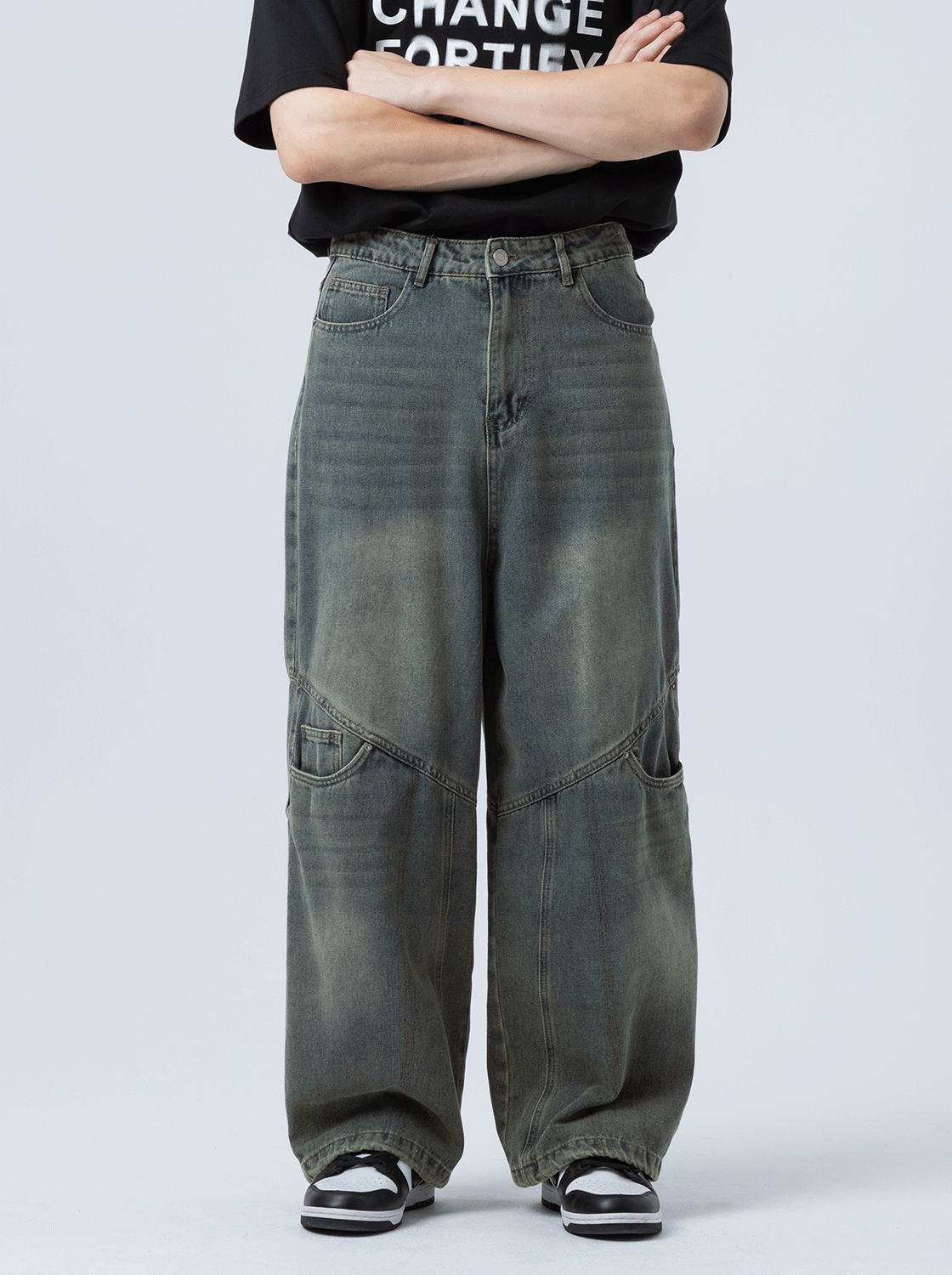 復古剪接水洗超寬丹寧褲