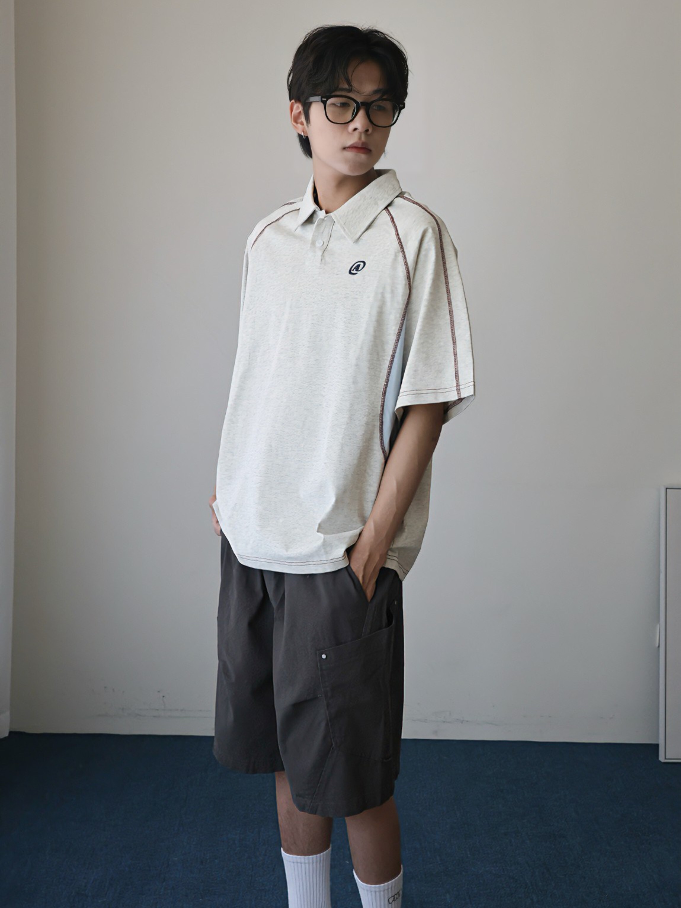 （現貨）售完不補 300G 美式 復古 重磅 車線拼接 POLO領 短袖 5939