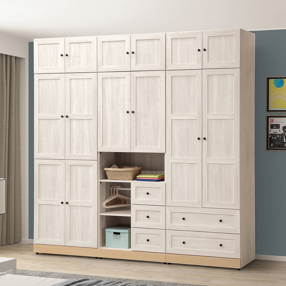 妮塔7.9尺多功能收納加高型衣櫃組合(四門+二門三抽開放格+二門二抽+棉被收納櫃)