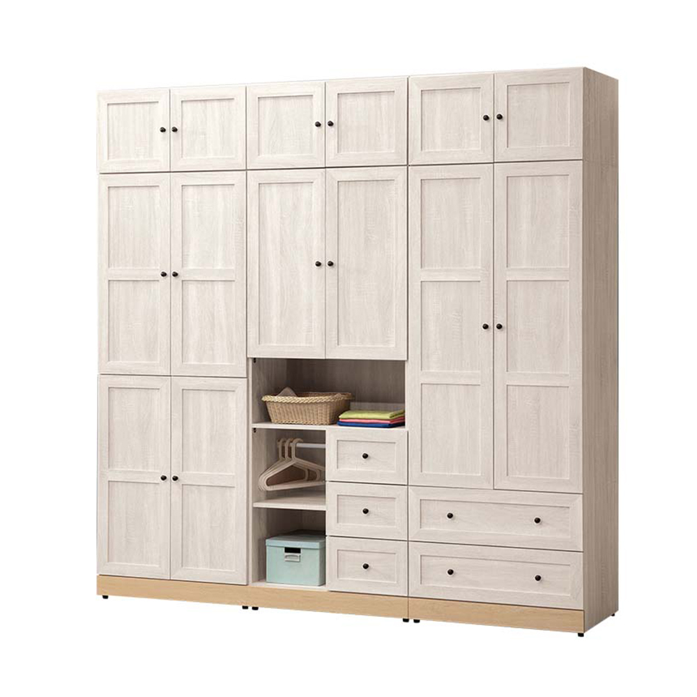 妮塔7.9尺多功能收納加高型衣櫃組合(四門+二門三抽開放格+二門二抽+棉被收納櫃)