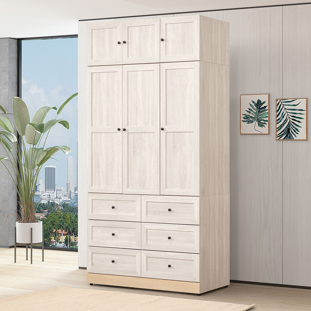 妮塔4尺六門六抽加高型衣櫃(三門六抽衣櫃+三門棉被收納櫃)