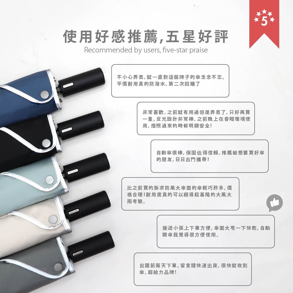 五星評價:評價耐用防潑水 / 反光邊條設計,夜晚也可以安全地走在路上 / 價格合理 / 一甩即乾 / 出貨快速