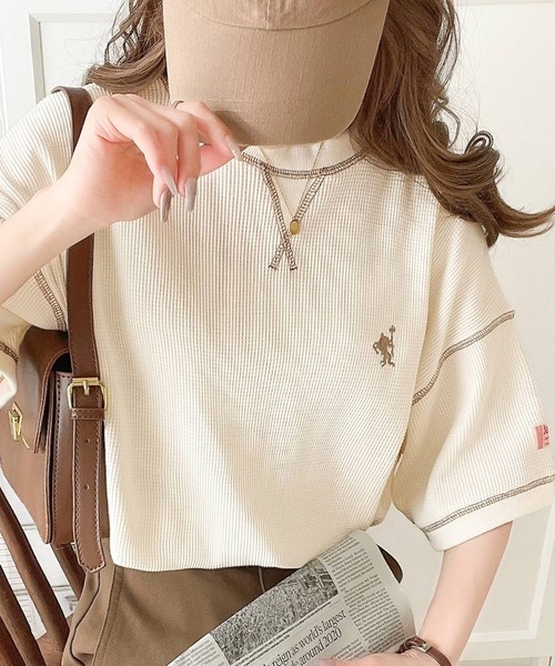 日本🇯🇵連線 JAVA 胸前刺繡縫線華夫格上衣 華夫格 縫線 刺繡 短T 寬鬆 簡約風 4色(任買兩件711免運)/預購