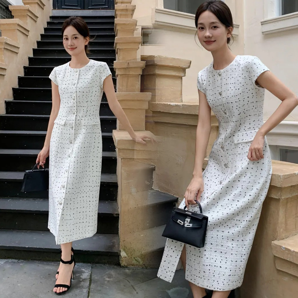 雲朵白小香風格紋排釦圓領長洋裝S-M (Elegant & Love)