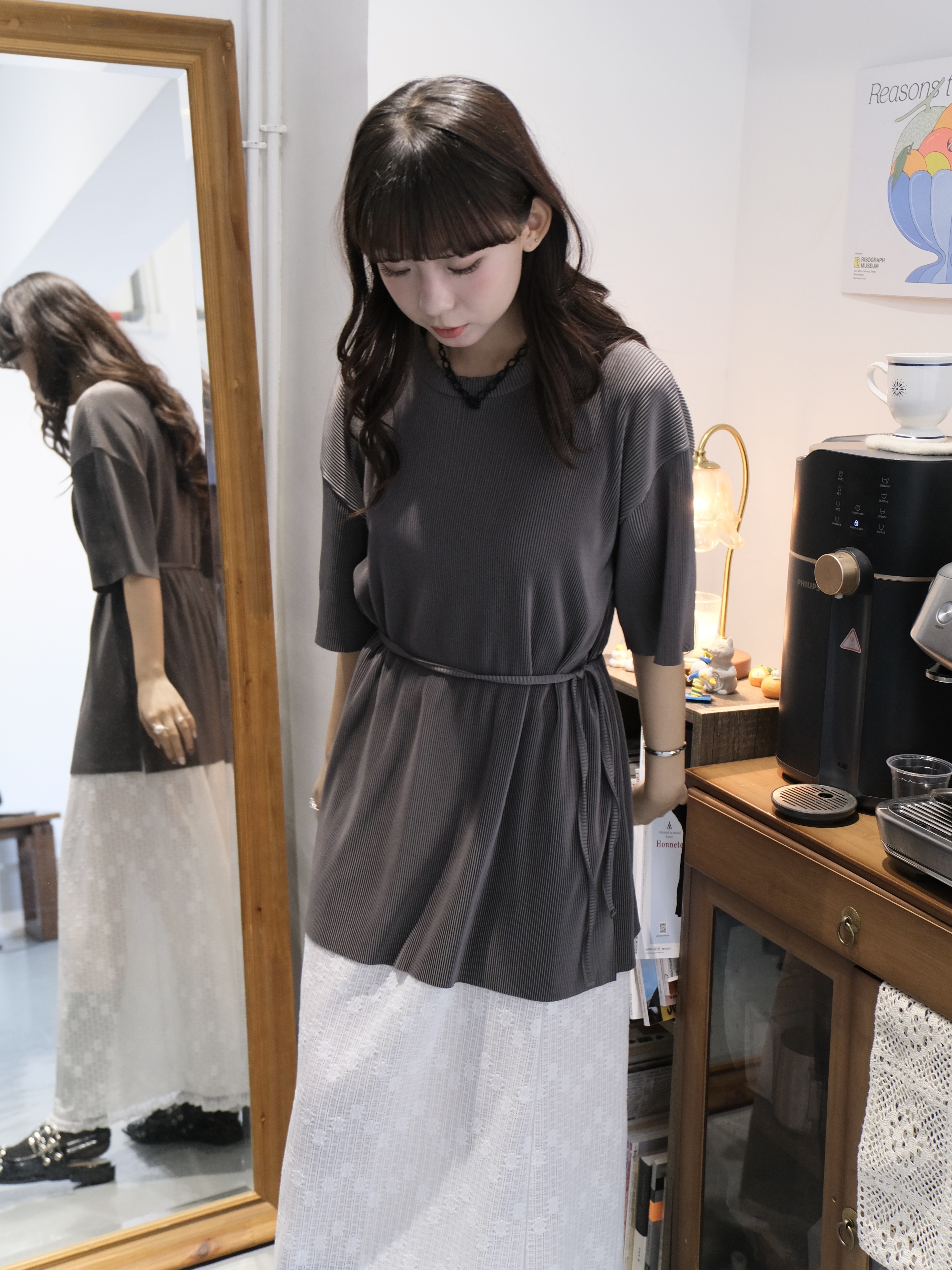 涼感百摺配繩子oversize top