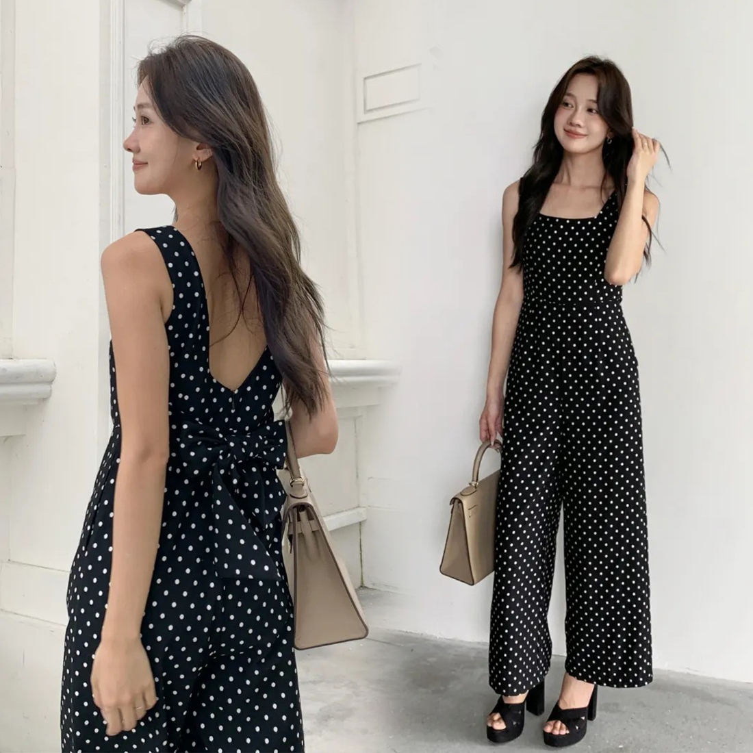 復古可愛點點後蝴蝶結方領連身褲S-M (Elegant & Love)