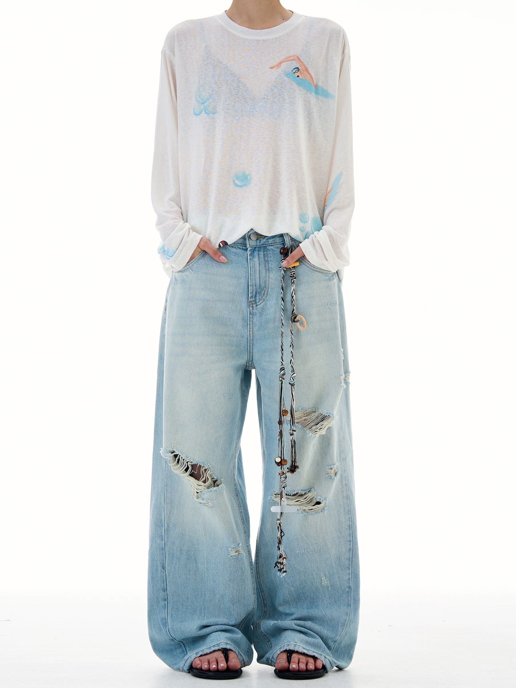 - SIMPLEACTION - verborgen水洗破洞直筒牛仔褲