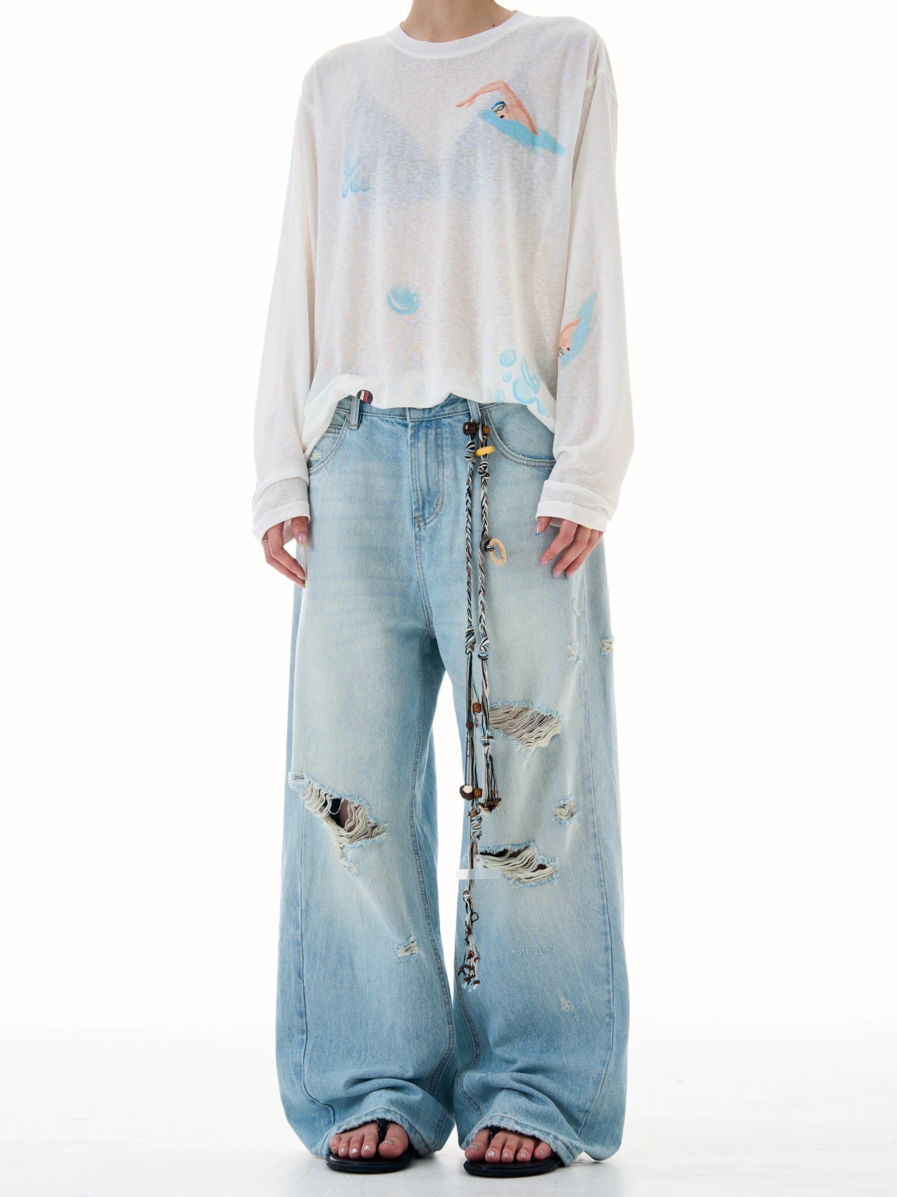 - SIMPLEACTION - verborgen水洗破洞直筒牛仔褲