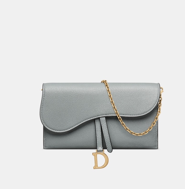 Dior Small Saddle Goatskin Pouch with Chain Cloud Blue