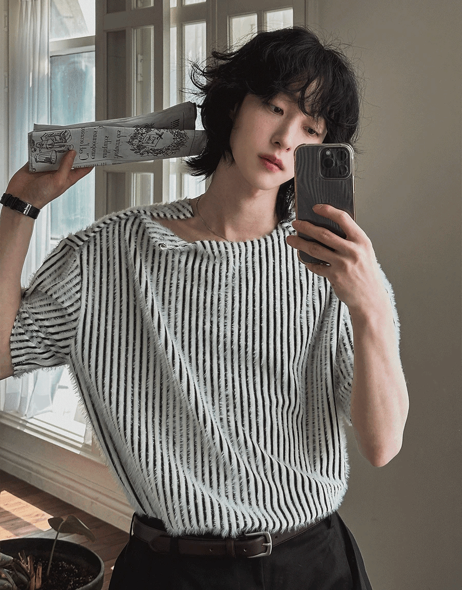 泡泡條紋短袖按扣T恤