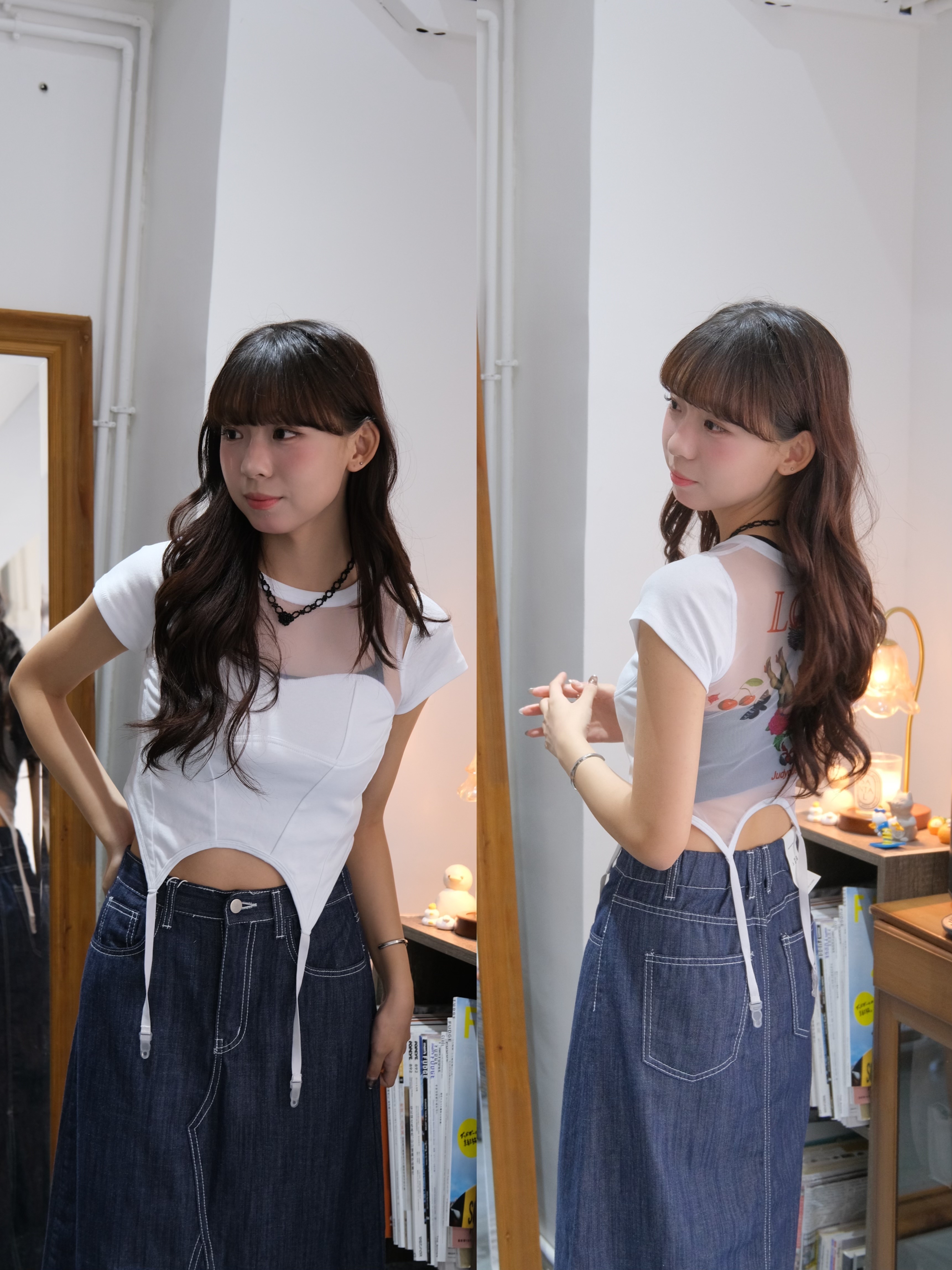 小露肩印花造形感Top