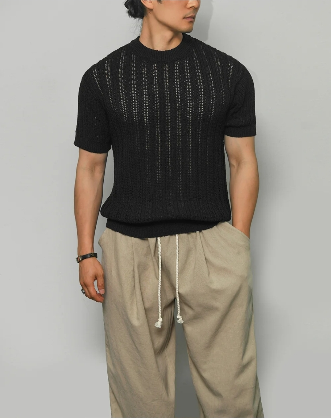 透視亞麻短袖針織衫