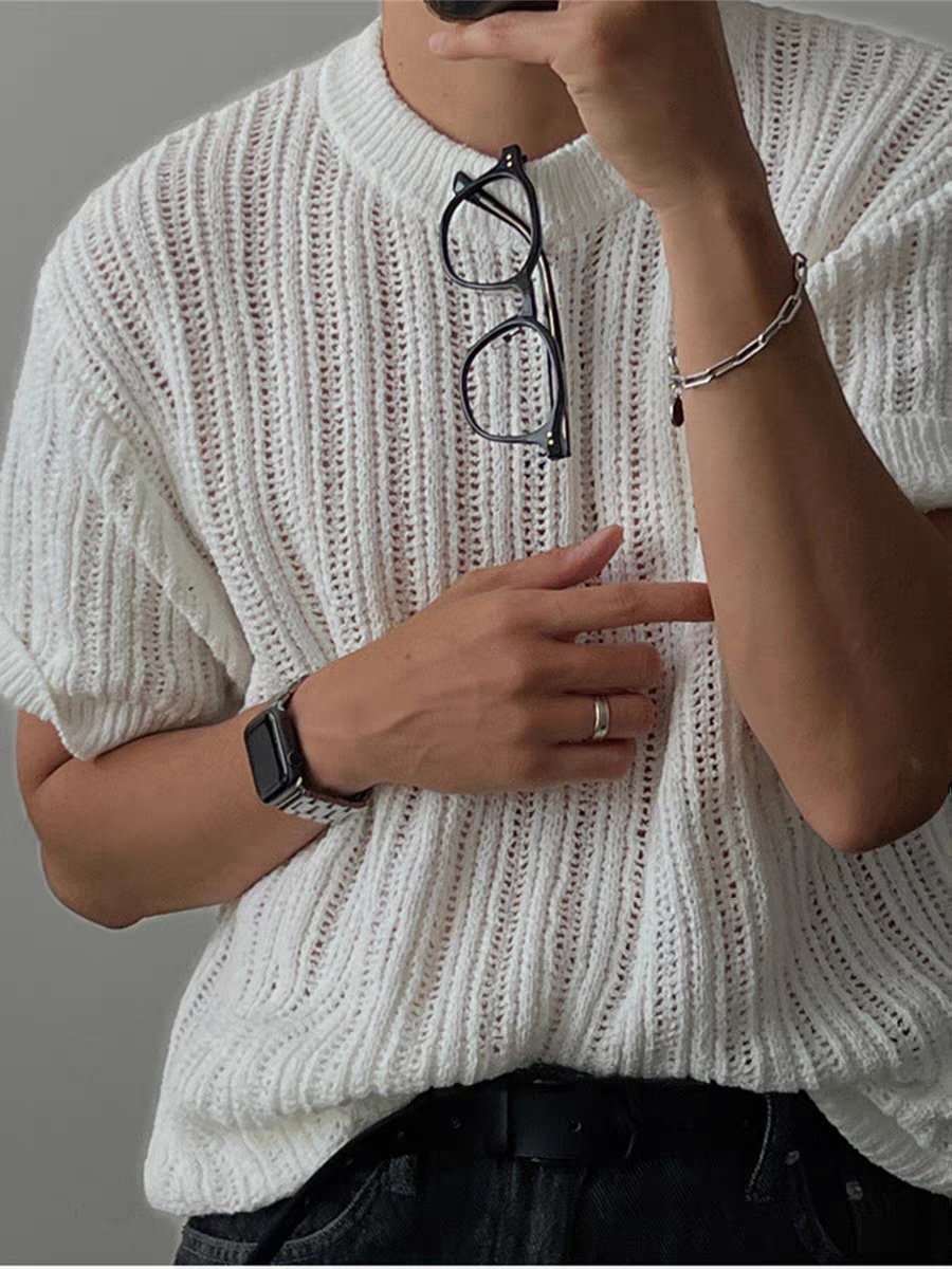 透視亞麻短袖針織衫