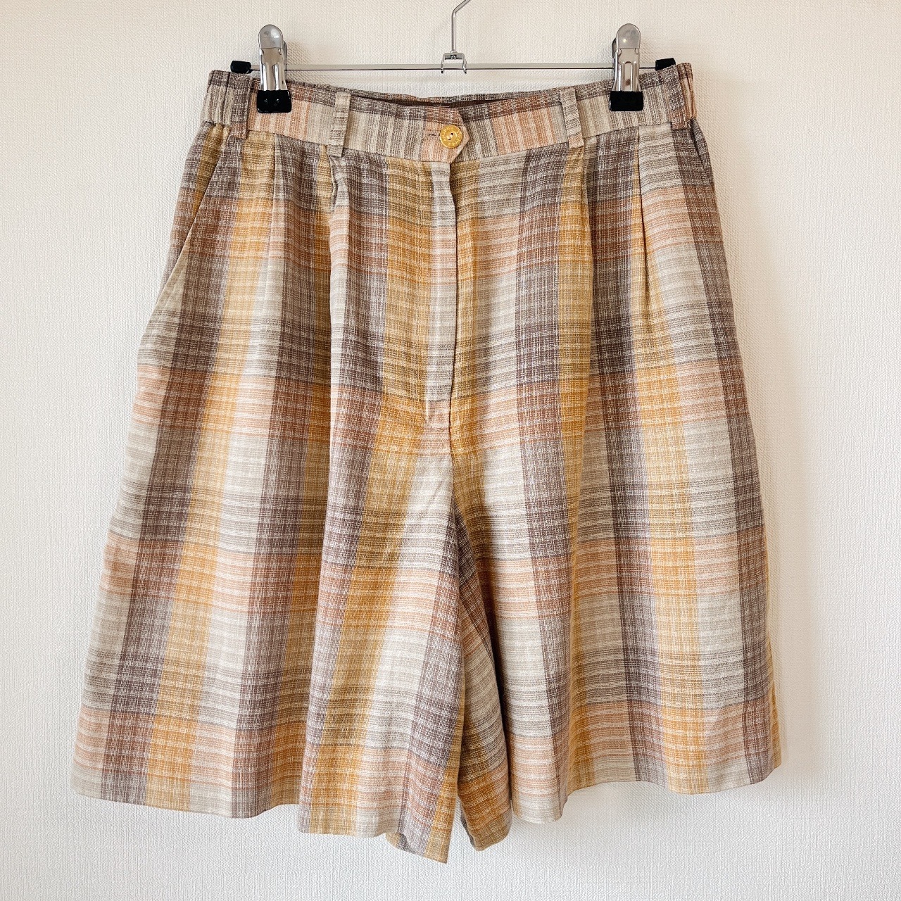 日本製橙啡色系綿麻質格紋短褲