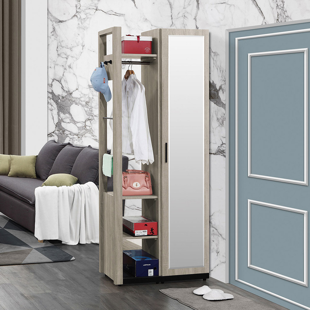 倫科2.3尺鏡門高鞋櫃/玄關收納櫃/隔間置物櫃/開放式式二格吊衣櫃