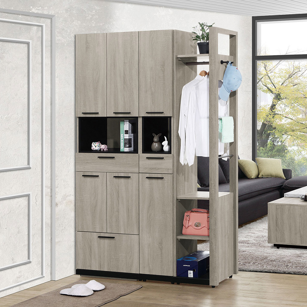 倫科4.3尺六門二抽高鞋櫃/玄關收納櫃/隔間置物櫃/開放式二格吊衣櫃-附收納穿鞋椅