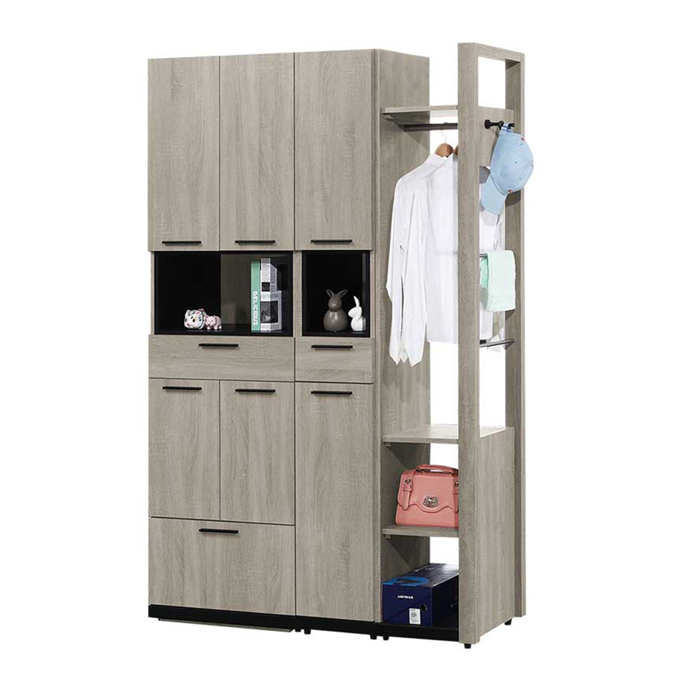 倫科4.3尺六門二抽高鞋櫃/玄關收納櫃/隔間置物櫃/開放式二格吊衣櫃-附收納穿鞋椅