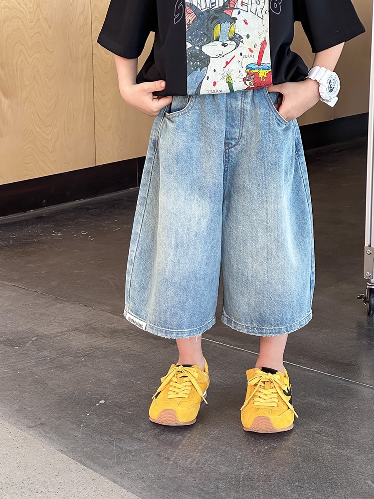 毛邊寬鬆布標五分褲