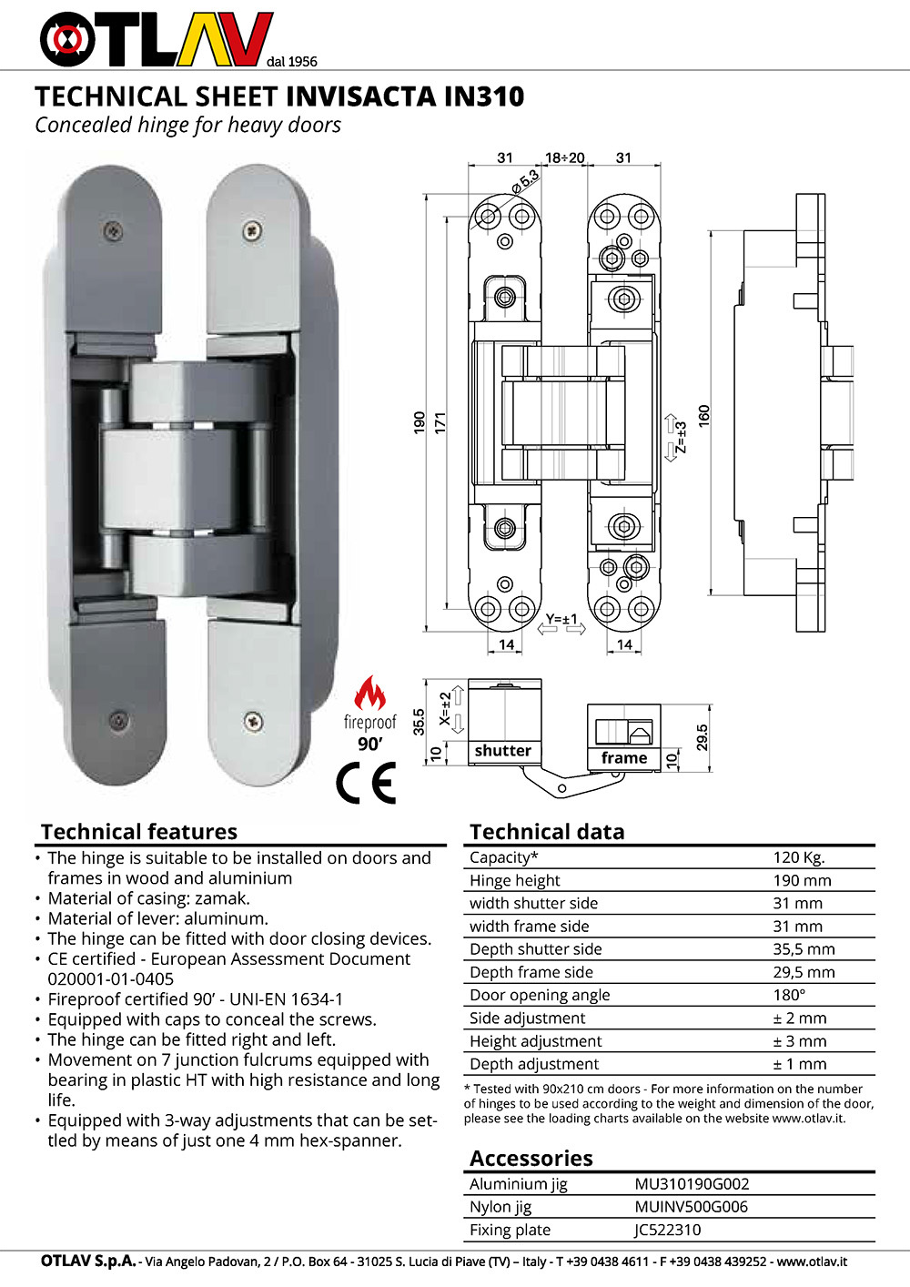 otlav in310 暗鉸 data sheet