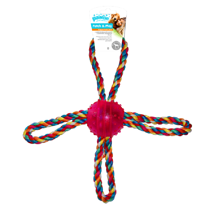 Pawise|TPR Ball 連十字型彩繩狗玩具-紅色(NO.14547-3)