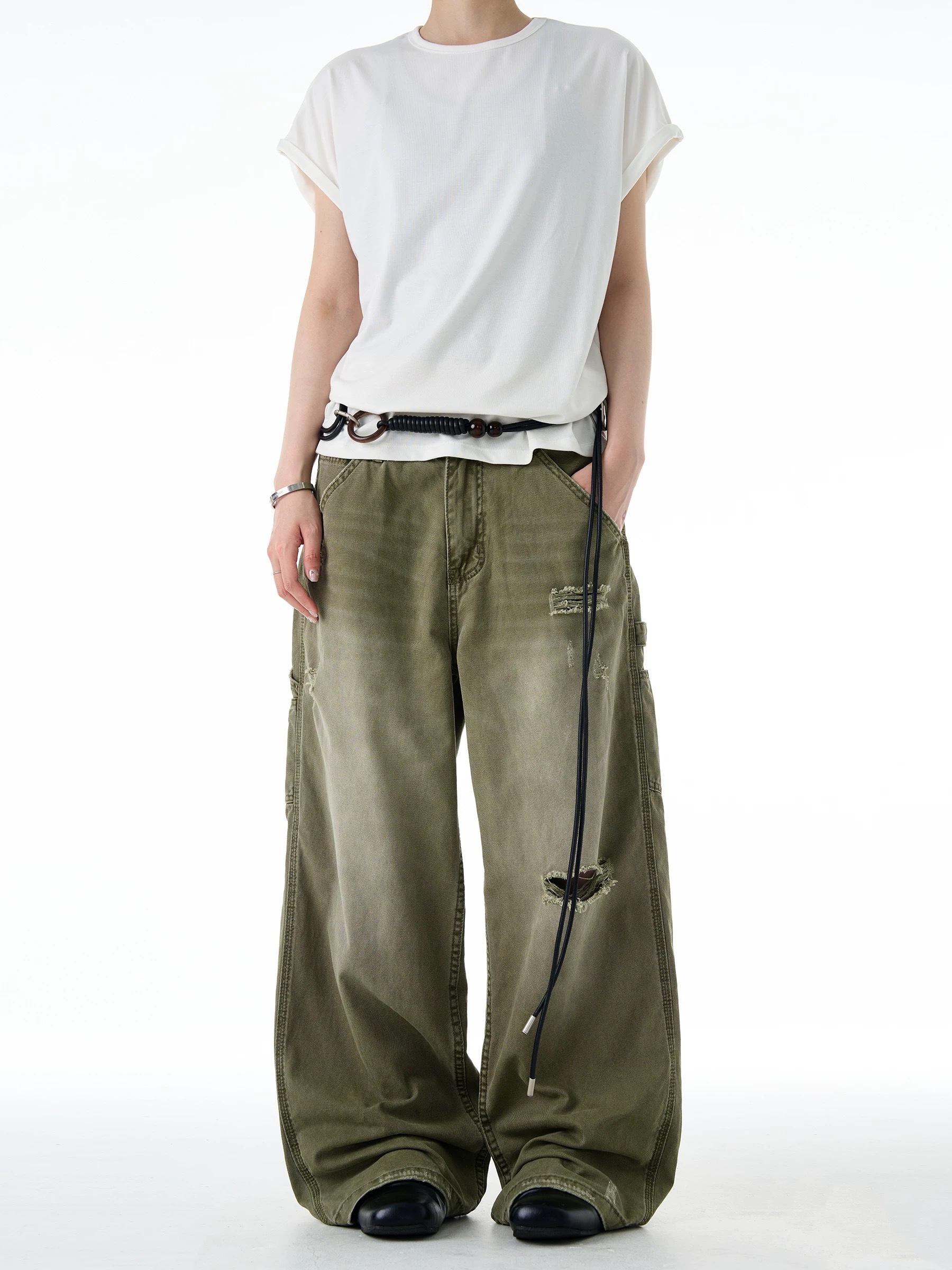 - SIMPLEACTION - 復古破洞水洗漸變牛仔褲