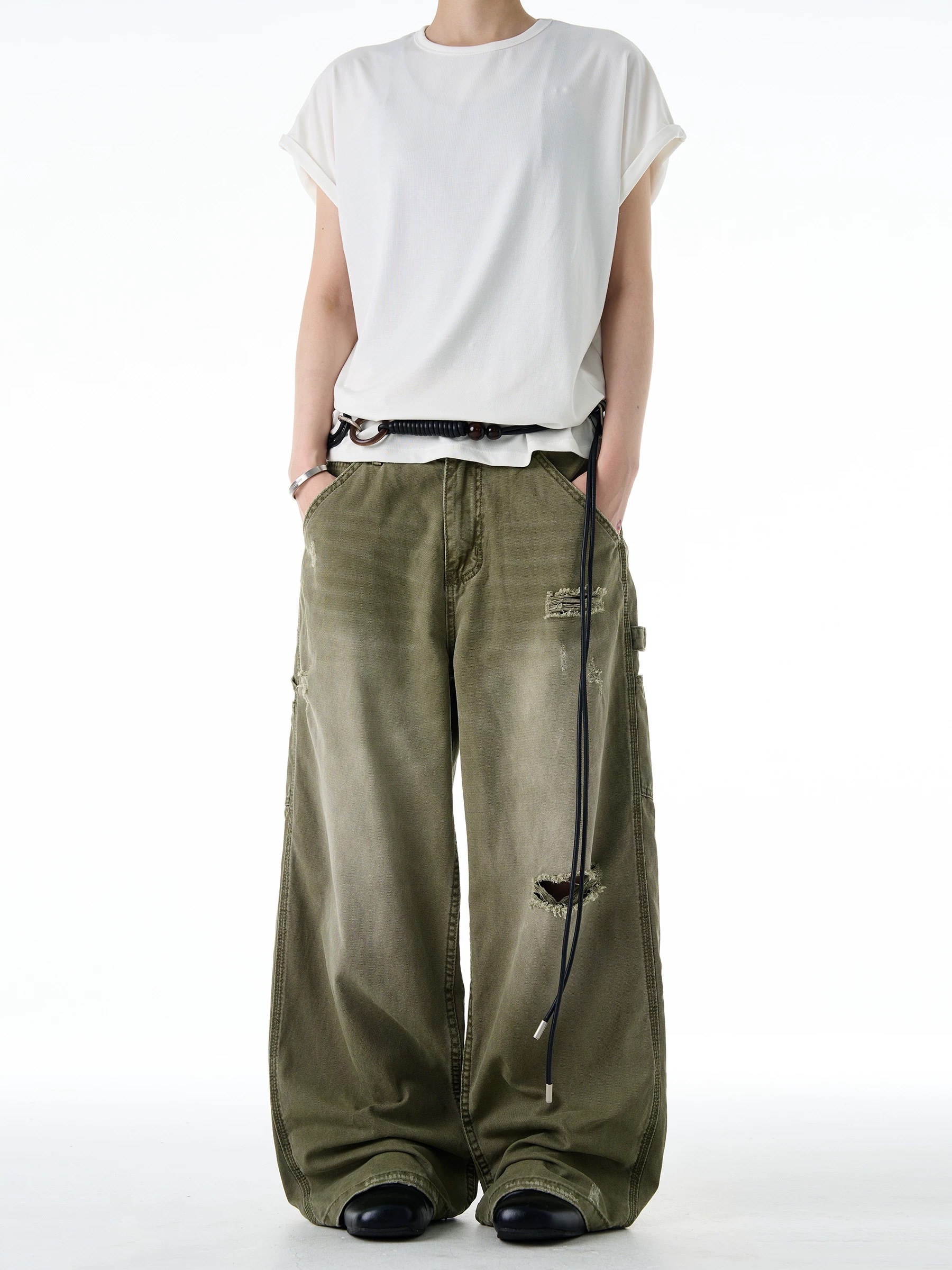 - SIMPLEACTION - 復古破洞水洗漸變牛仔褲