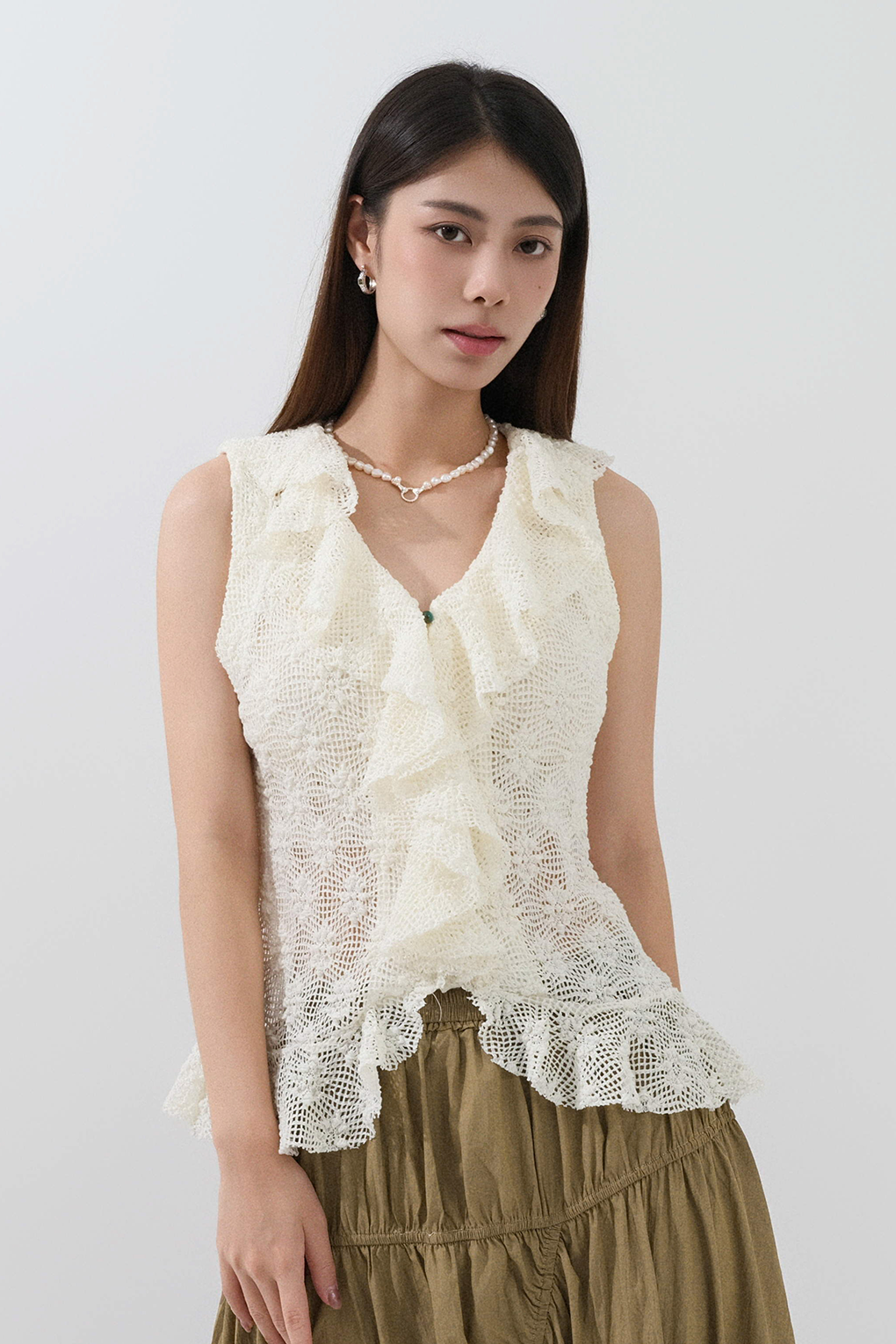 花花織花荷葉邊背心  (現貨款式）