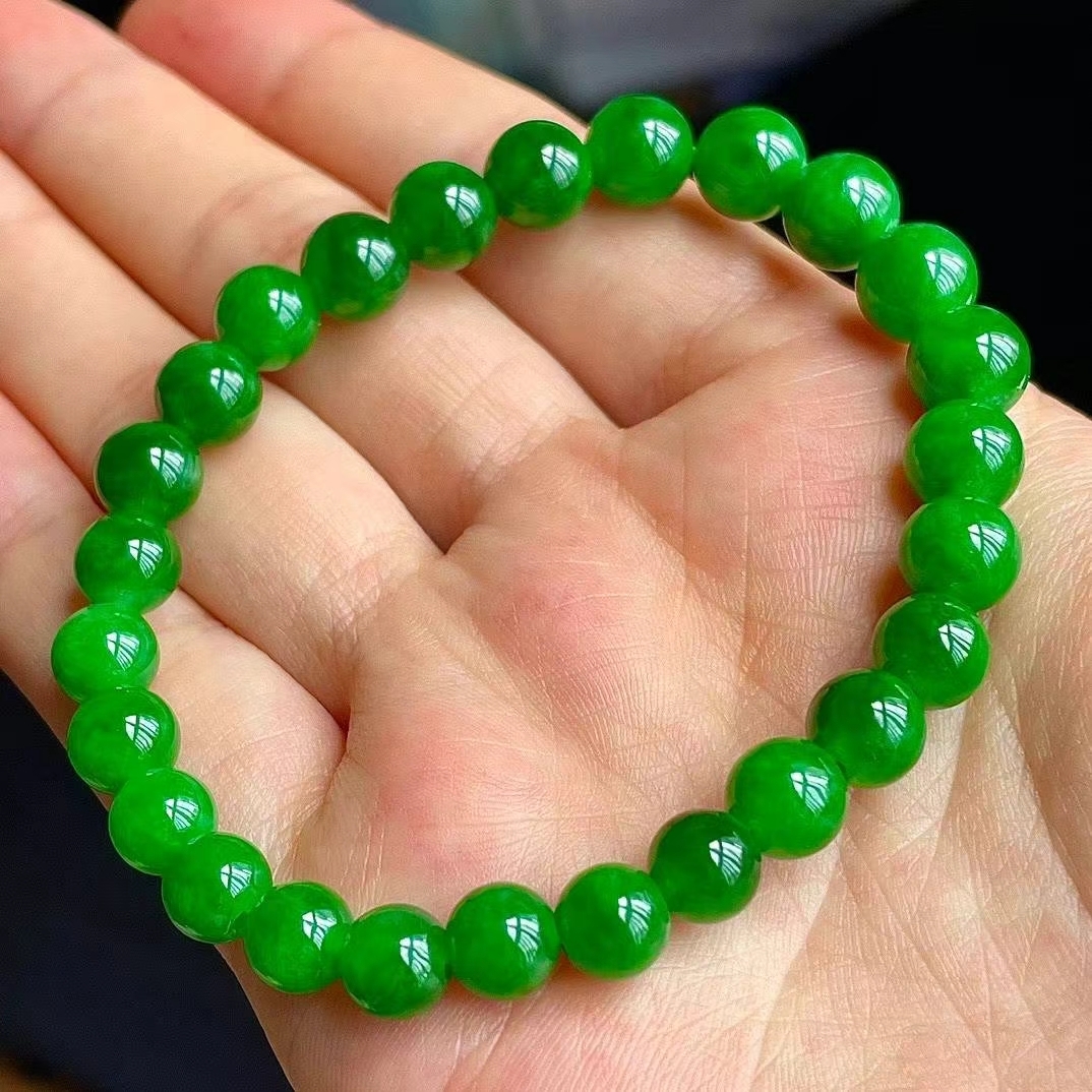 翡翠冰辣綠手串 (6.3-7.9mm直徑),天然翡翠A玉, 緬甸玉, Jade, Jadeite