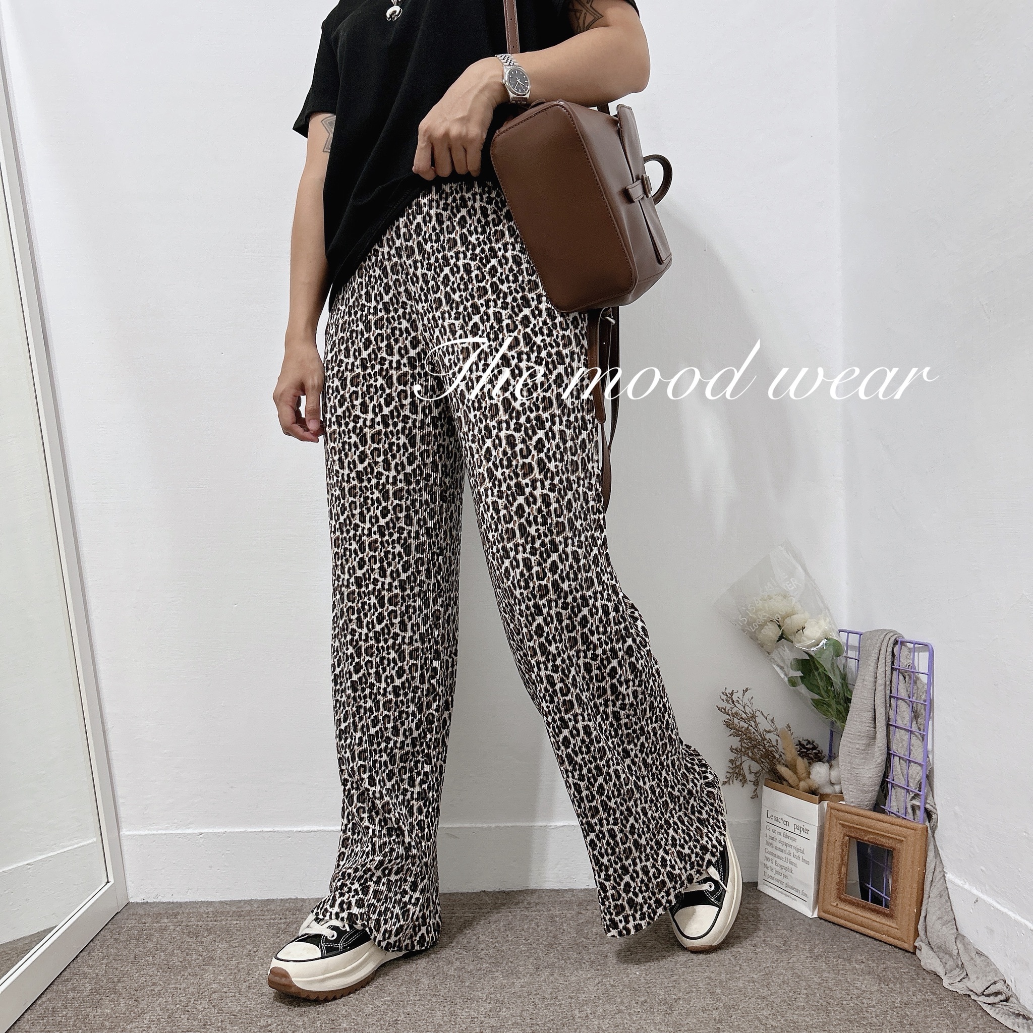 大彈性立體壓摺直筒褲 豹紋褲
