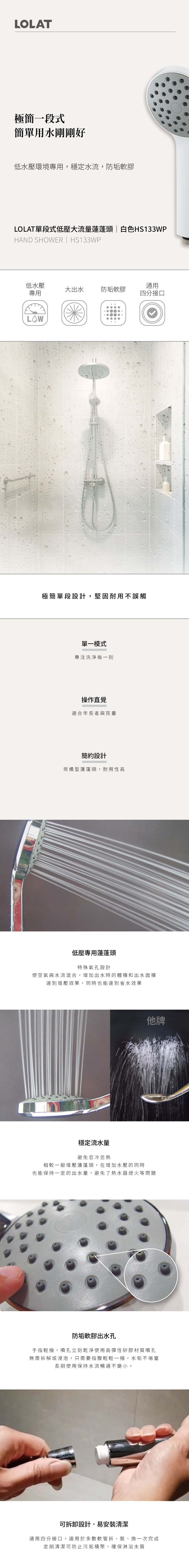 LOLAT單段式低壓大流量蓮蓬頭-白色HS133WP產品介紹內容。
