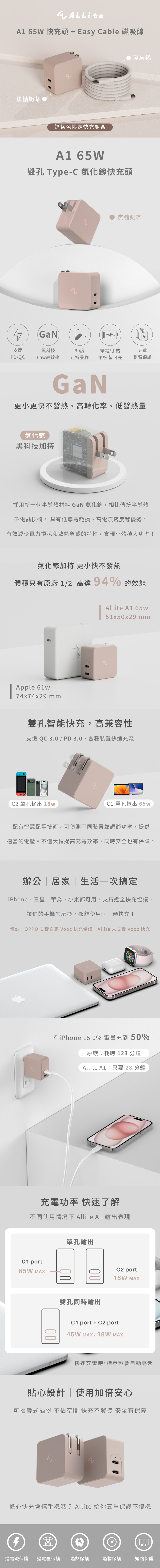 奶茶色限定快充組合 -   Allite A1 65W 雙孔氮化鎵快充 + Easy Cable 磁吸收納編織快充線