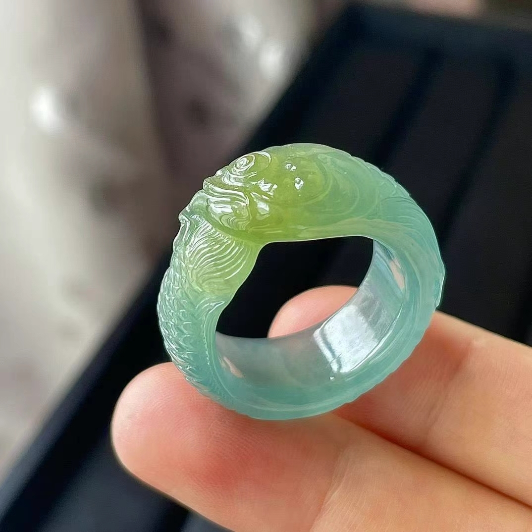 翡翠冰藍雕花龍魚指環 (港圈 19號),天然翡翠A玉, 緬甸玉, Jade, Jadeite