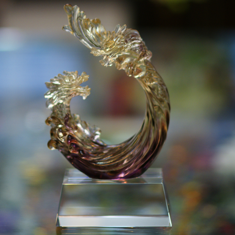 鹿港窯禮品館 居家開運琉璃擺飾  獎盃 獎牌 蟠龍勢起 (含水晶座)