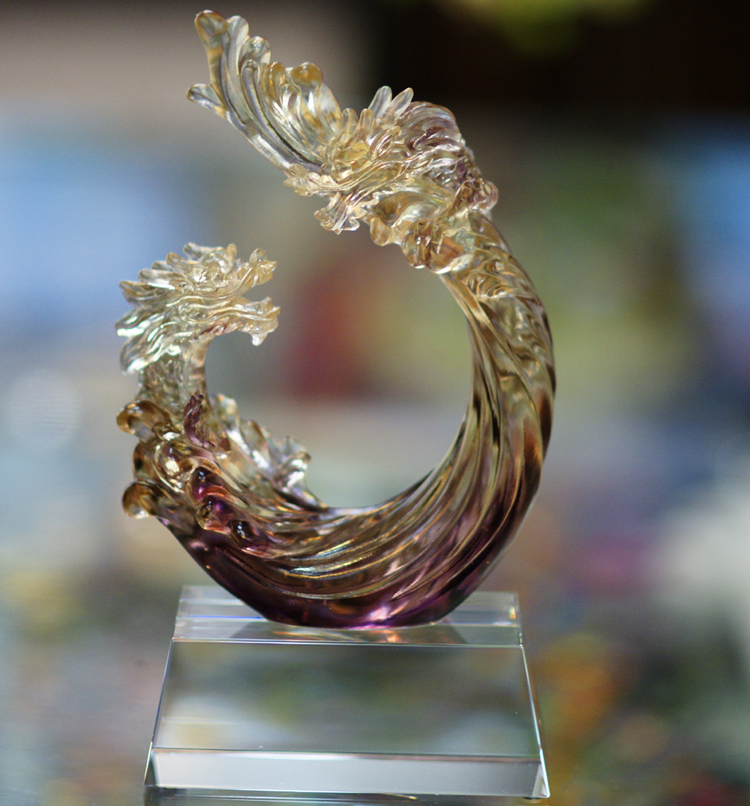 鹿港窯禮品館 居家開運琉璃擺飾  獎盃 獎牌 蟠龍勢起 (含水晶座)