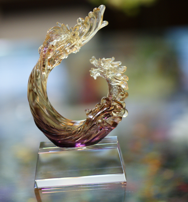 鹿港窯禮品館 居家開運琉璃擺飾  獎盃 獎牌 蟠龍勢起 (含水晶座)