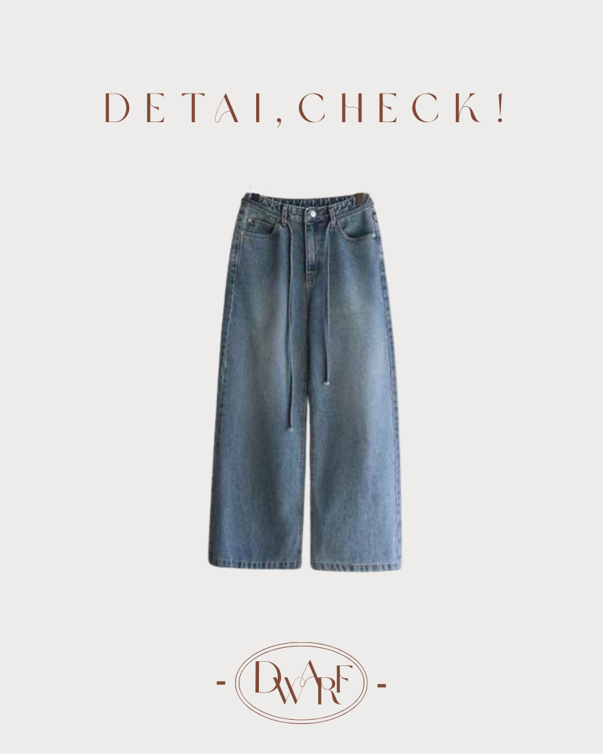 《KR》綁帶挺身牛仔藍闊腿褲