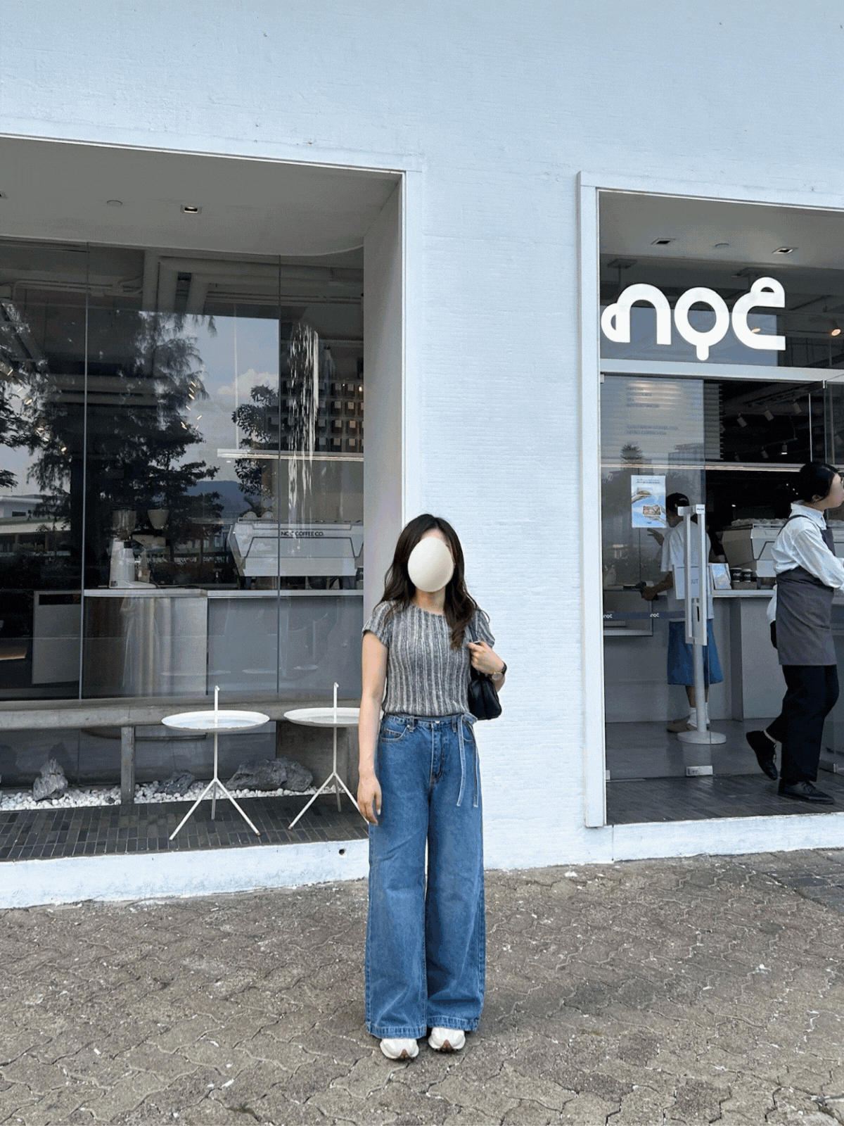 《KR》綁帶挺身牛仔藍闊腿褲