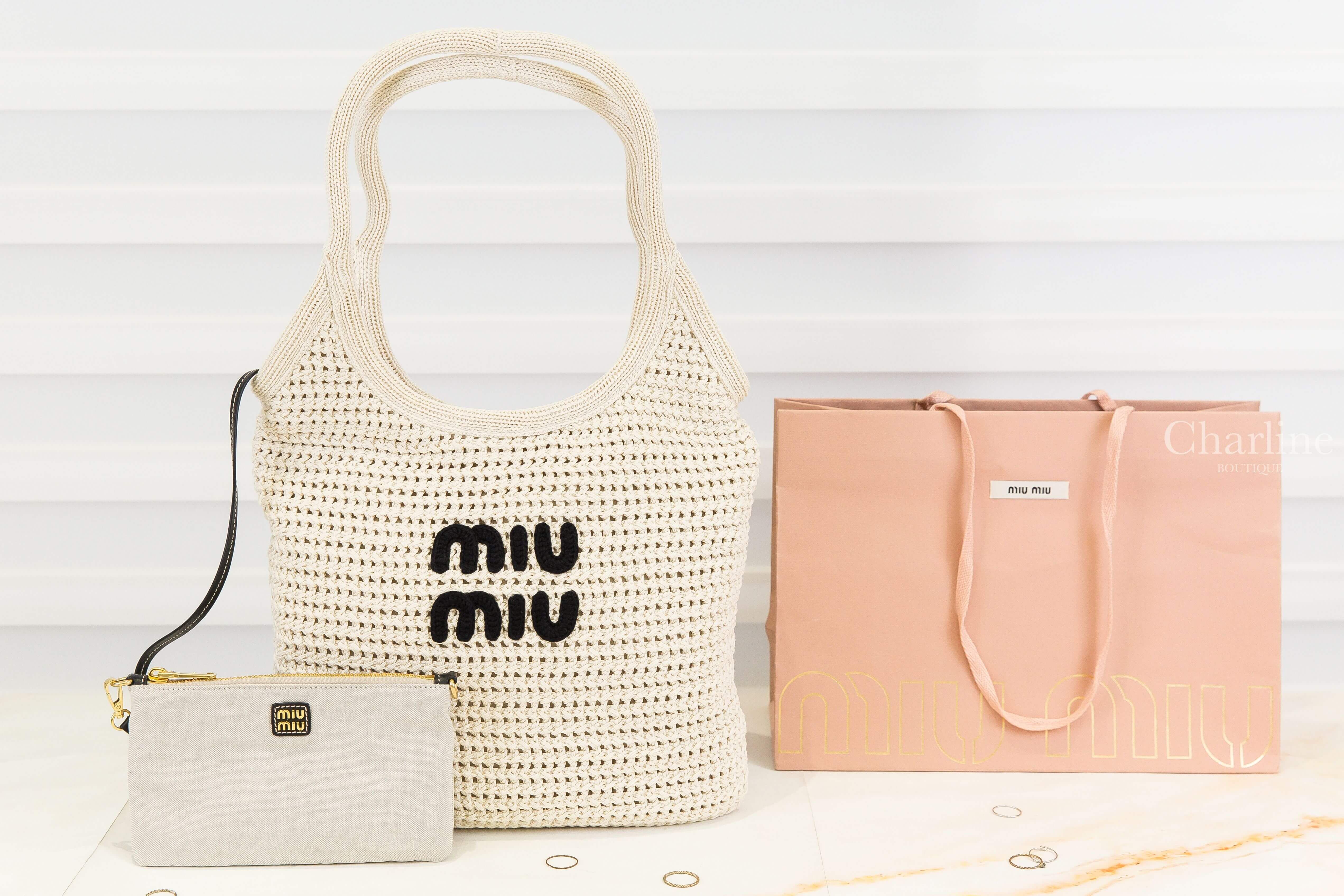 Miu Miu Ivy Raffia-Effect Woven Tote Bag 粉筆白黑字帆布內裡棉質編織手提肩背托特包