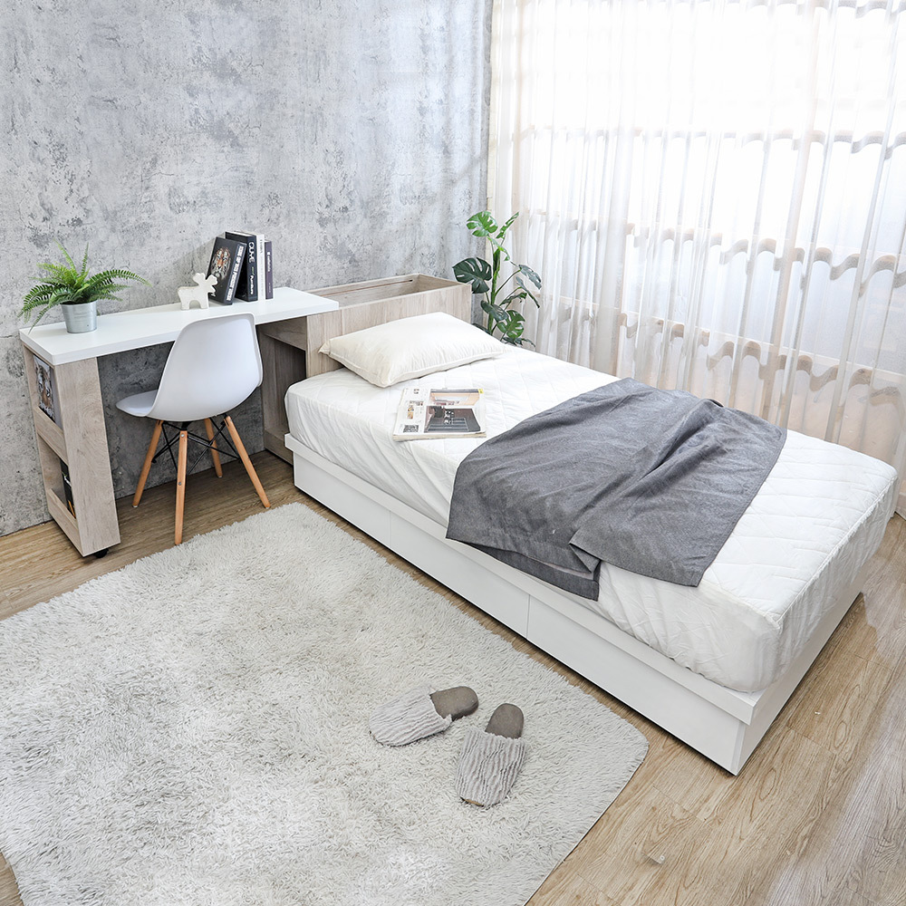 蕾雅3.5尺單人多功能收納床組(伸縮書桌型床頭箱+三抽收納床底-不含床墊)