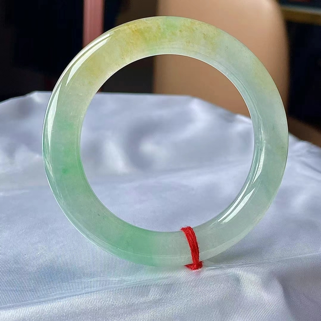 高冰黃加綠翡翠圓條手鐲,天然翡翠A玉, 緬甸玉, Jade, Jadeite