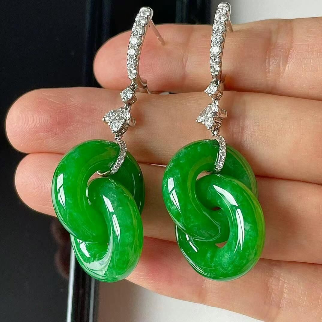 翡翠冰陽綠雙環耳墜,天然翡翠A玉, 緬甸玉, Jade, Jadeite